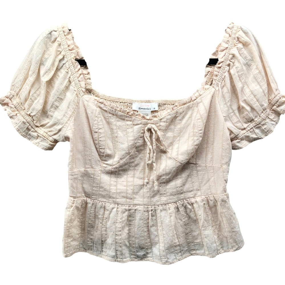 Urban Romantics Puff Sleeve Smocked Top Womens M Beige Coquette Peplum Crop